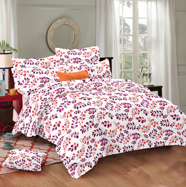 Pink Violet Leafy Cotton Double Bedsheet Srijee Decors