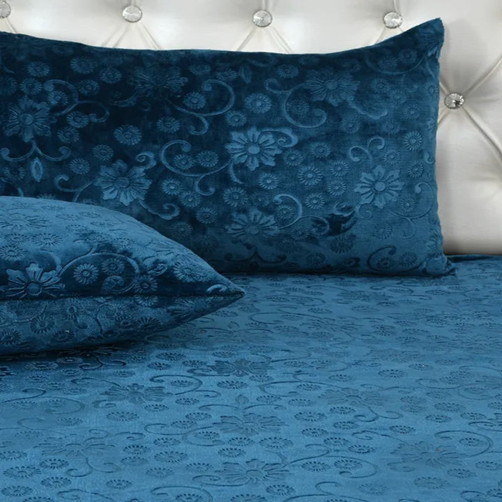 Embossed Rama Blue Premium Warm Winter Flannel Fitted King Bedsheet
