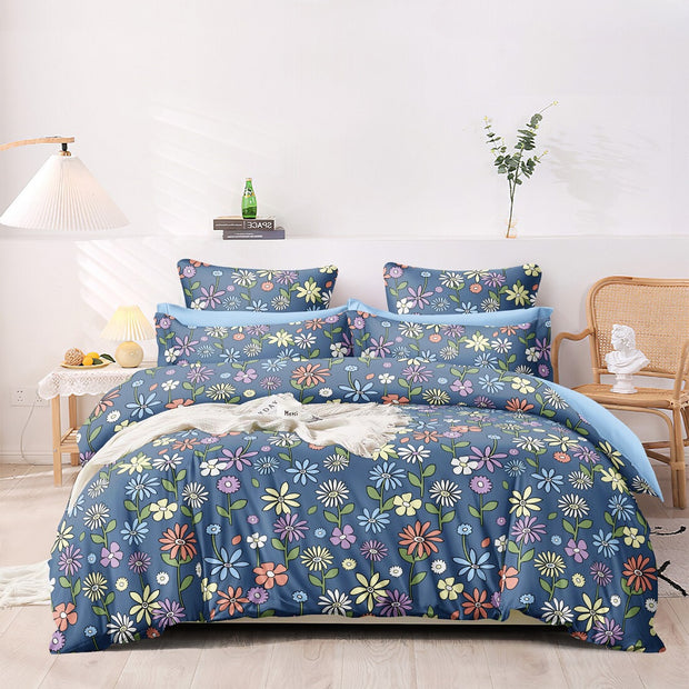 Colorful Blue Cotton Blend Elastic Fitted King Bedsheet
