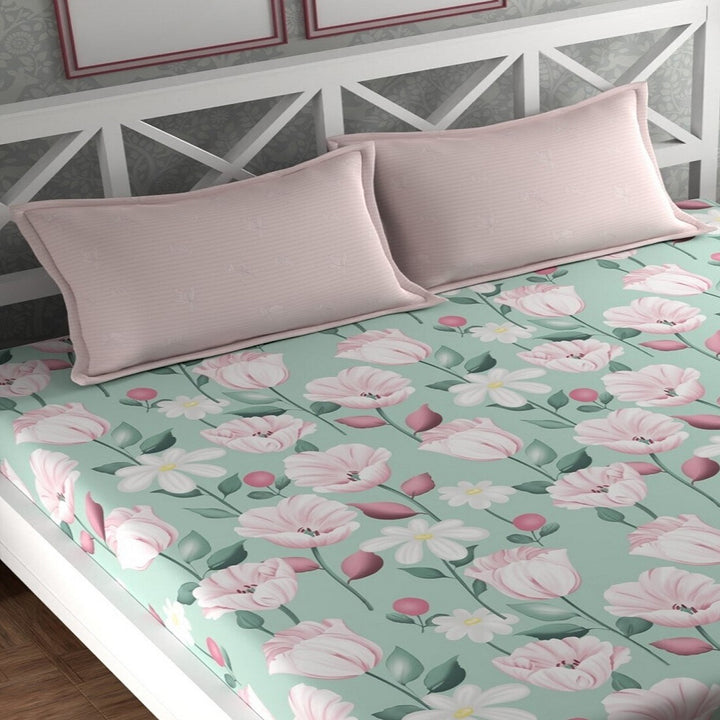 Green Lotus Elastic Fitted Cotton Blend King Bedsheet
