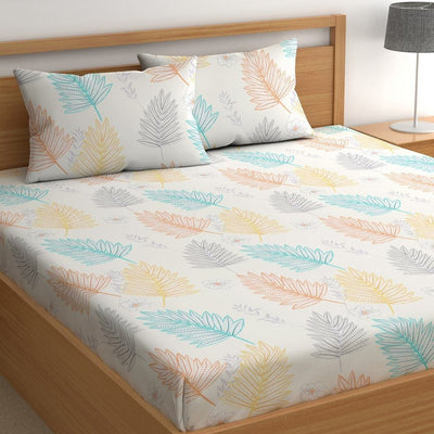 Leaf Print Cotton Blend Elastic Fitted King Bedsheet