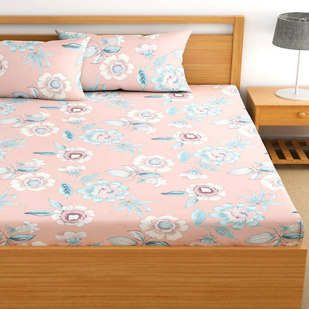 Peach Print Cotton Blend Elastic Fitted King Bedsheet