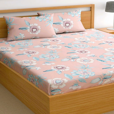 Peach Print Cotton Blend Elastic Fitted King Bedsheet