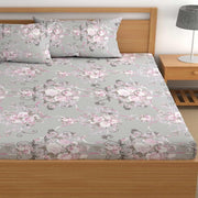 Grey Pinks Print Cotton Blend Elastic Fitted King Bedsheet