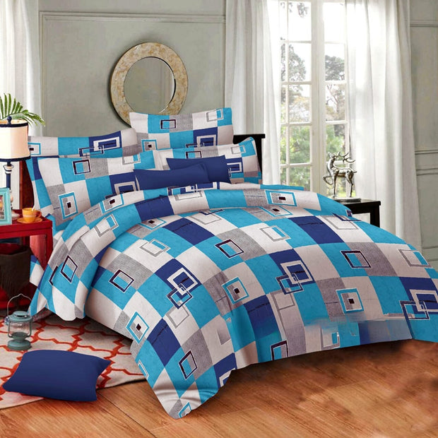 Procian Rectangle Printed 100% Cotton Elastic King Size Bedsheet - Blue Rectangle