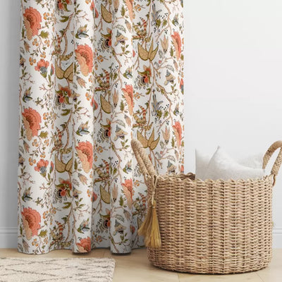 Orange White Flowers Duck Cotton Jaipuri Printed Curtains (100% Cotton)