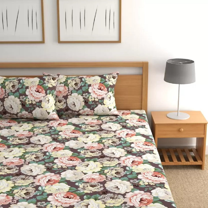 Brown Rose Cotton Blend Super King Bedsheet with 2 Pillow Covers (108x108 inches)