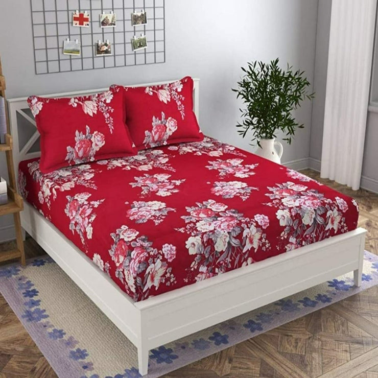 Maroon Flower 210 TC Cotton Blend Flat King Bedsheet