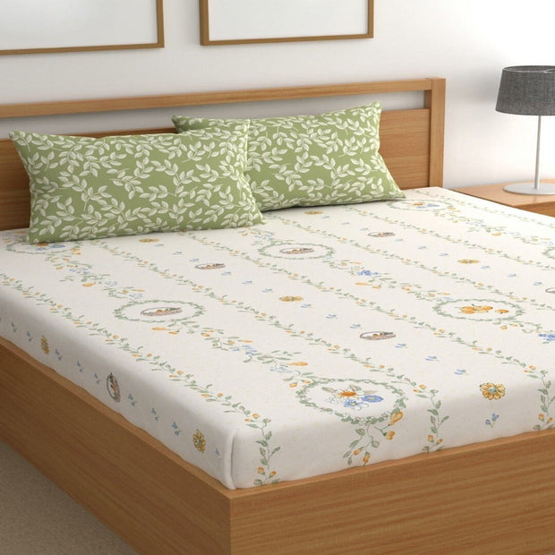 Alphine Blossom Cotton Blend Super King Bedsheet with 2 Pillow Covers (108x108 inches)