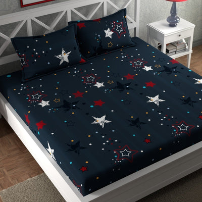 Same Navy Blue Star Cotton Blend Super King Bedsheet with 2 Pillow Covers (108x108 inches)