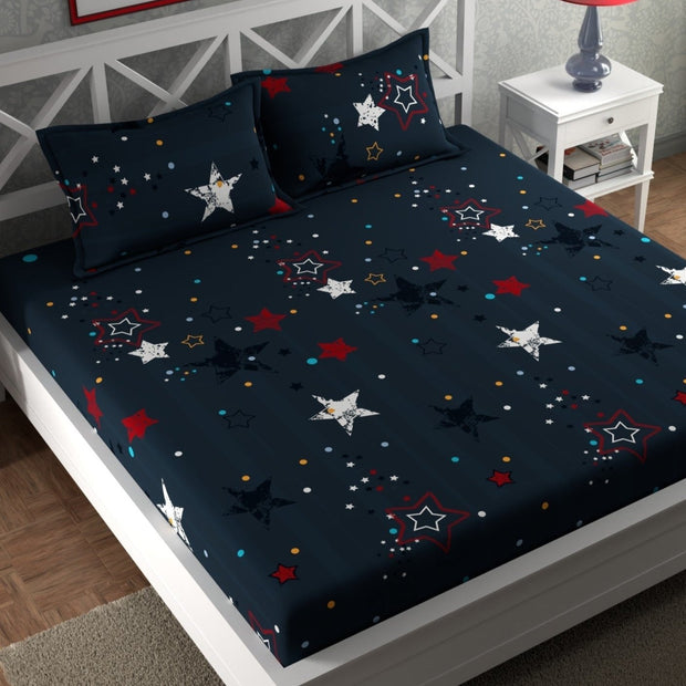 Same Navy Blue Star Cotton Blend Elastic Fitted King Bedsheet