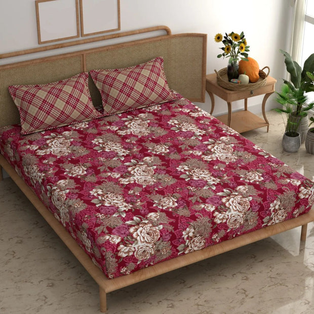 Red Rose Cotton Blend Super King Bedsheet with 2 Pillow Covers (108x108 inches)