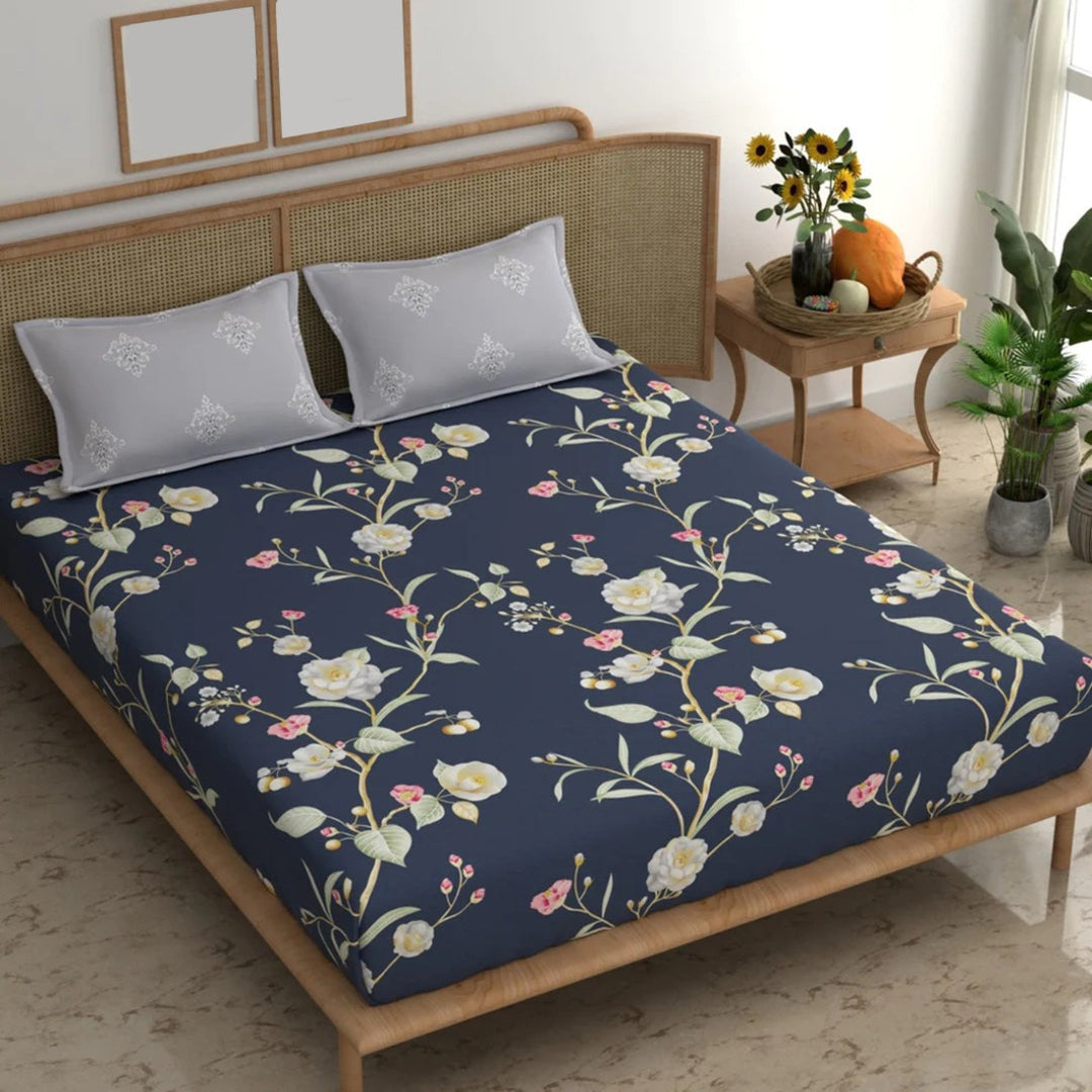 Blue Vine Cotton Blend Super King Bedsheet with 2 Pillow Covers (108x108 inches)