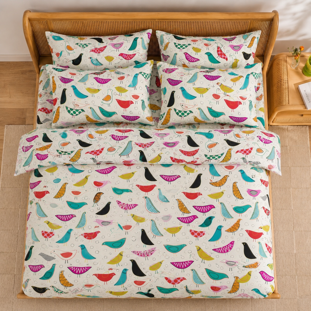 Chirping Birds Cotton King Bedsheet - 250 TC