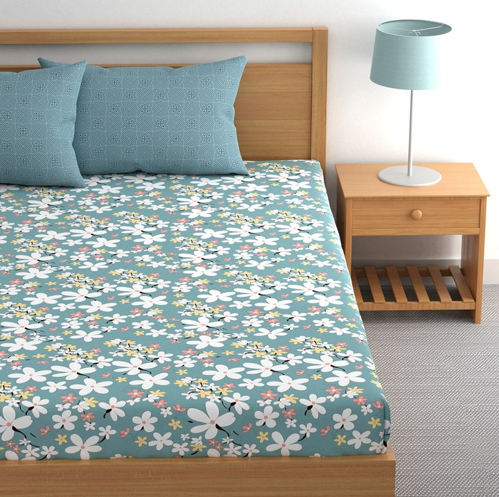 Grey Flower Elastic Fitted Cotton Blend King Bedsheet