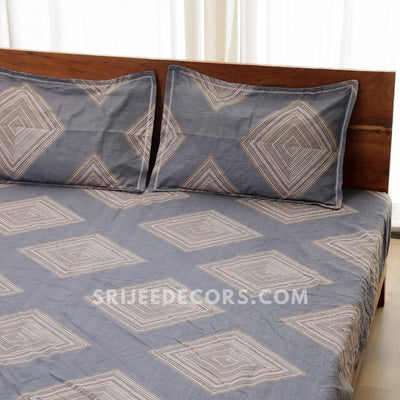 Grey Maze Cotton Blend Elastic Fitted King Bedsheet