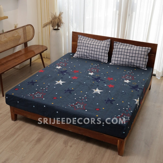 Dark Blue Star Cotton Blend Elastic Fitted King Bedsheet