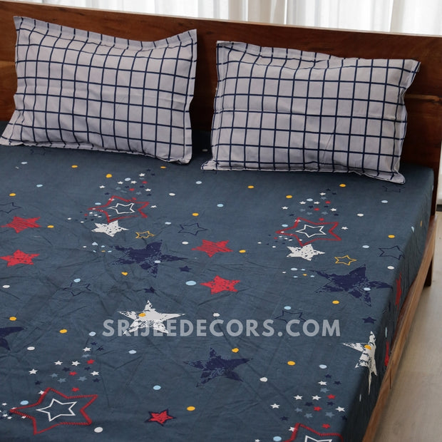 Dark Blue Star Cotton Blend Elastic Fitted King Bedsheet