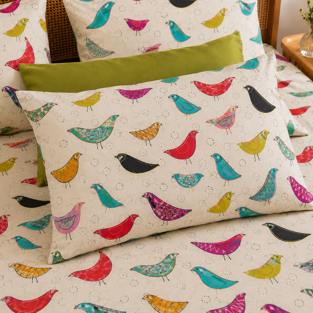 Chirping Birds Cotton King Bedsheet - 250 TC
