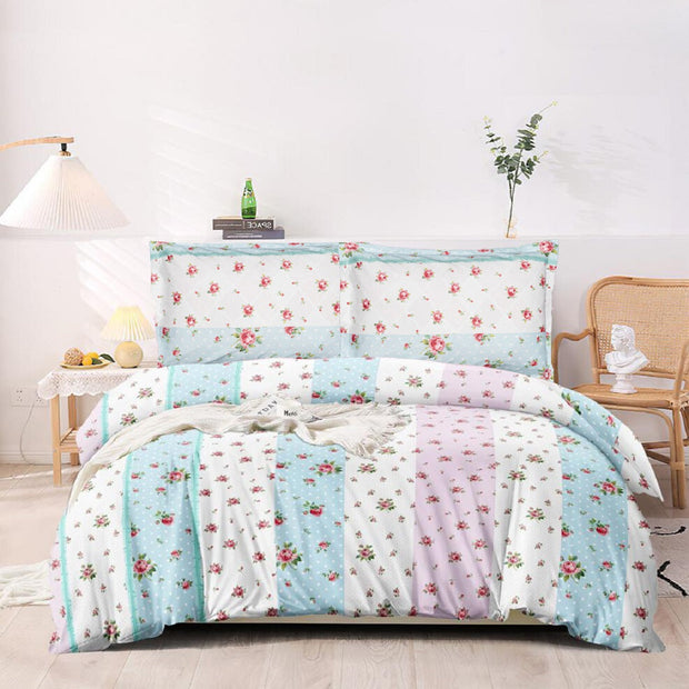 Blue Red Rose 210 TC Cotton Blend Flat King Bedsheet