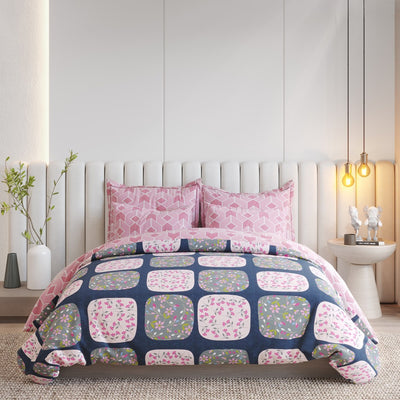 Blue Pink Square Elastic Fitted Cotton Blend King Bedsheet