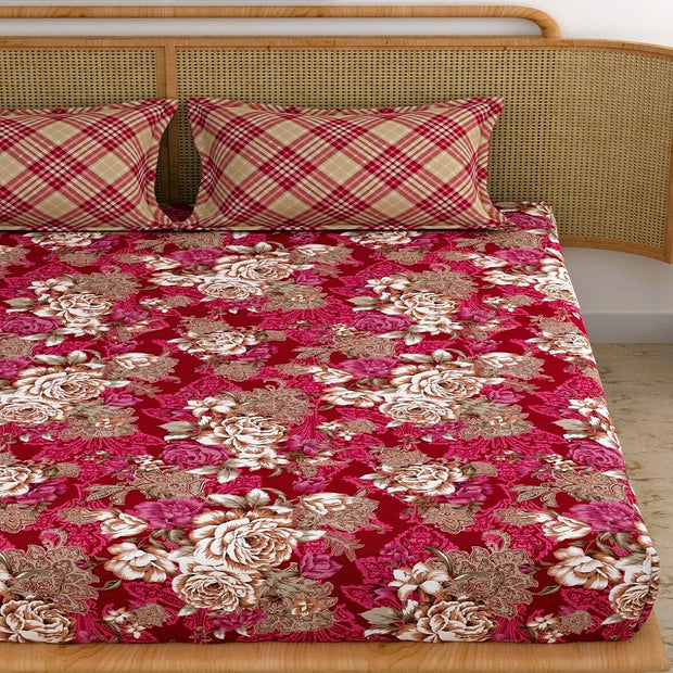 Red & Beige Floral Elastic Fitted Cotton Blend King Bedsheet