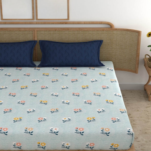 Blue Sakura Cotton Blend Elastic Fitted King Bedsheet