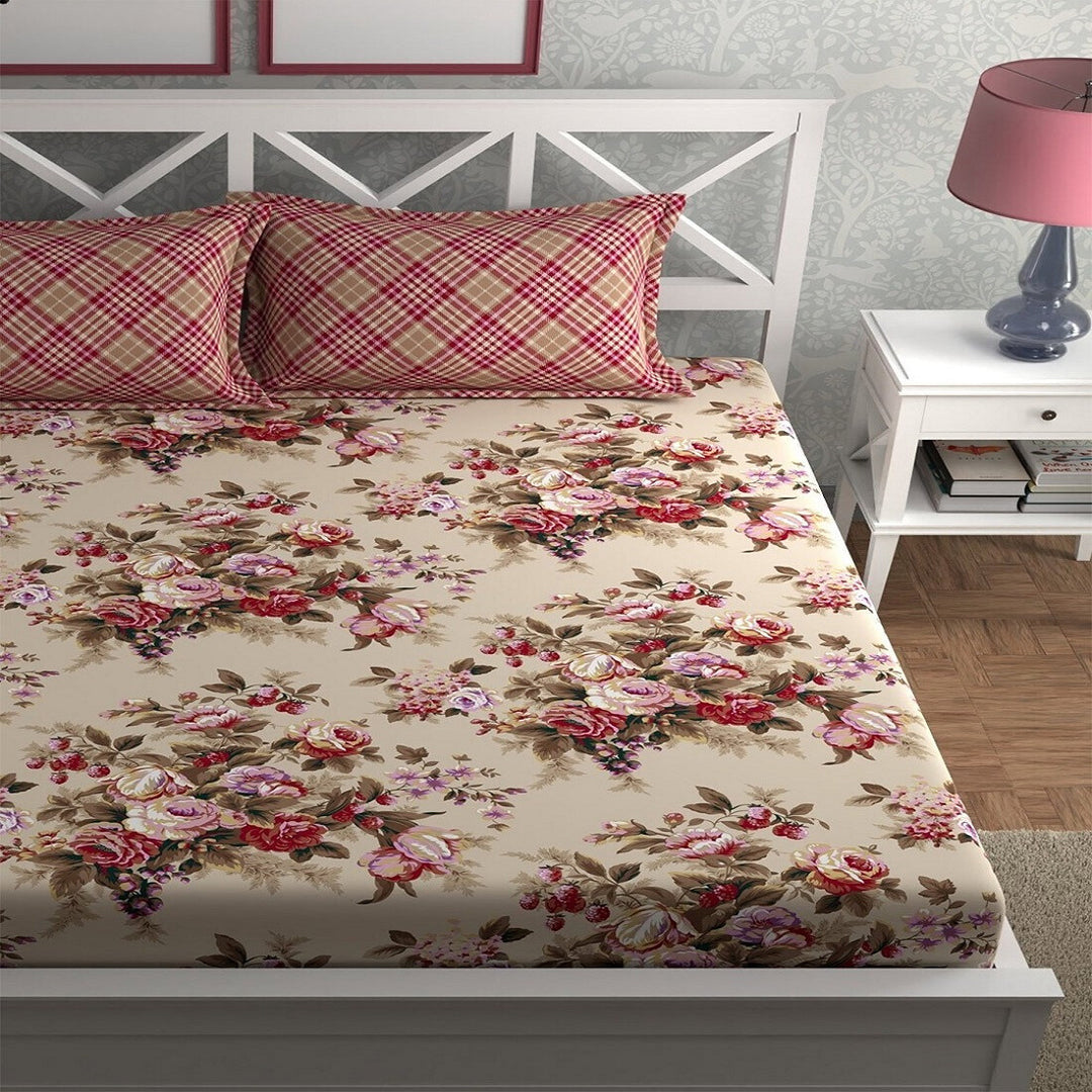 Rose Bunch Elastic Fitted Cotton Blend King Bedsheet