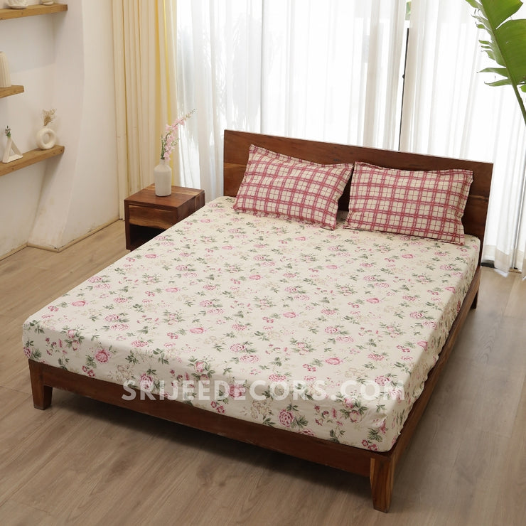 Pink Floral Cotton Blend Elastic Fitted King Bedsheet