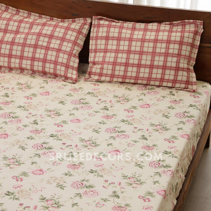 Pink Floral Cotton Blend Elastic Fitted King Bedsheet