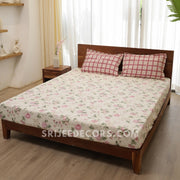 Pink Floral Cotton Blend Elastic Fitted King Bedsheet