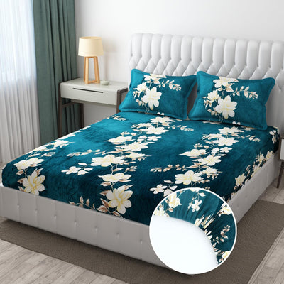 Spring Floral Printed Warm Winter Flannel Fitted King Bedsheet