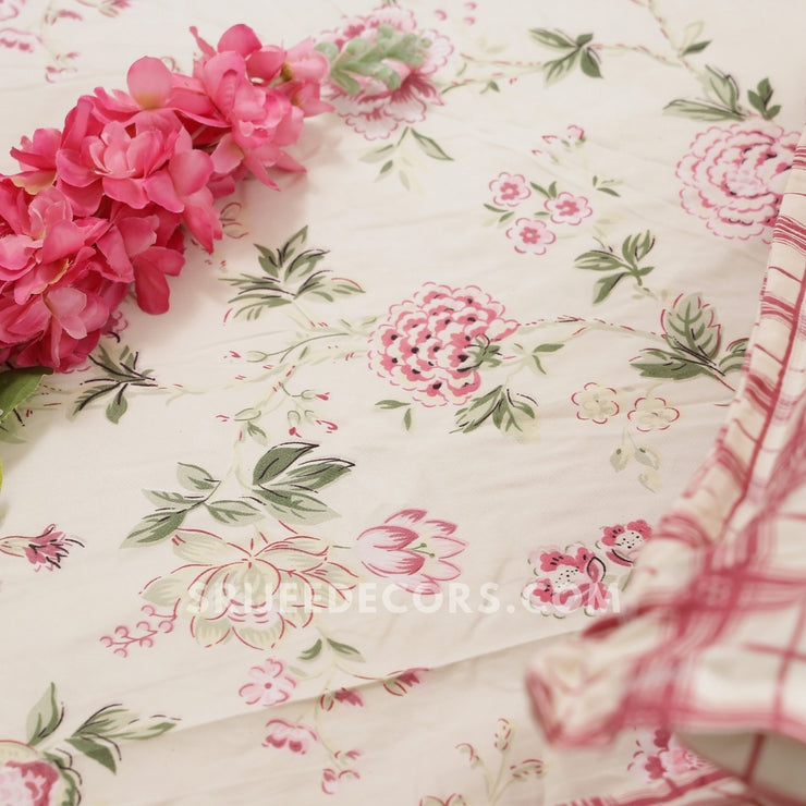 Pink Floral Cotton Blend Elastic Fitted King Bedsheet