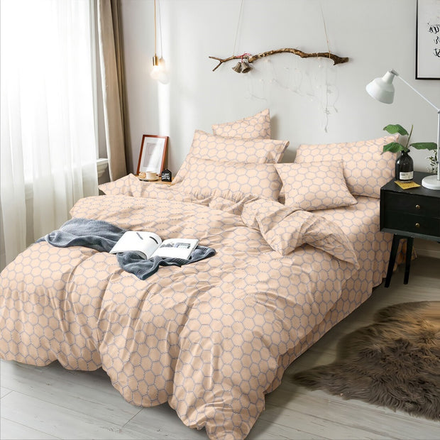 Beige Hexa Cotton Blend Elastic Fitted Queen Bedsheet