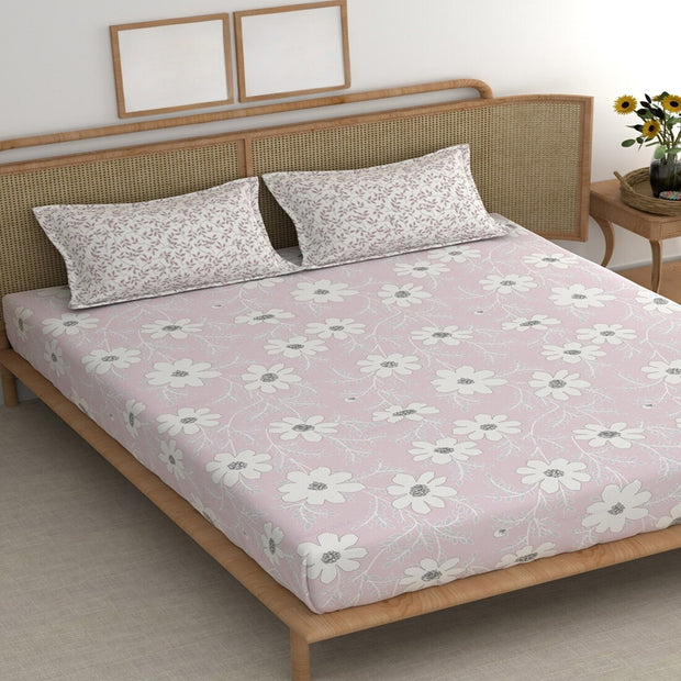 Pink Columbine Cotton Blend Elastic Fitted King Bedsheet