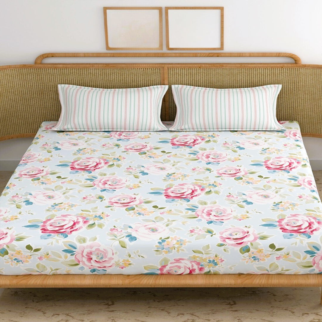 Blue Camellia Cotton Blend Elastic Fitted King Bedsheet