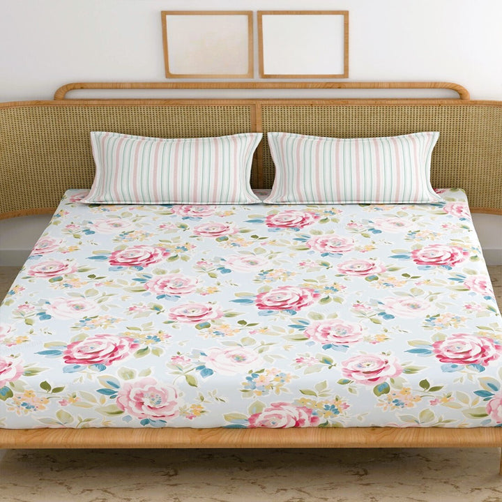 Blue Camellia Cotton Blend Elastic Fitted King Bedsheet