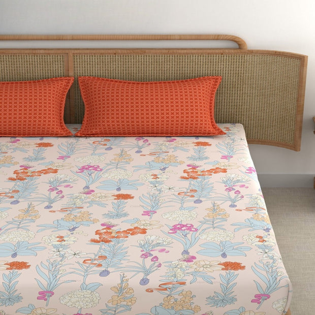 Orange SnapDragon Cotton Blend Elastic Fitted King Bedsheet