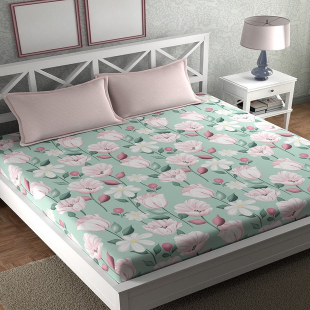 Green Lotus Elastic Fitted Cotton Blend King Bedsheet