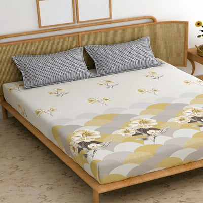 Yellow Windflower Cotton Blend Elastic Fitted King Bedsheet