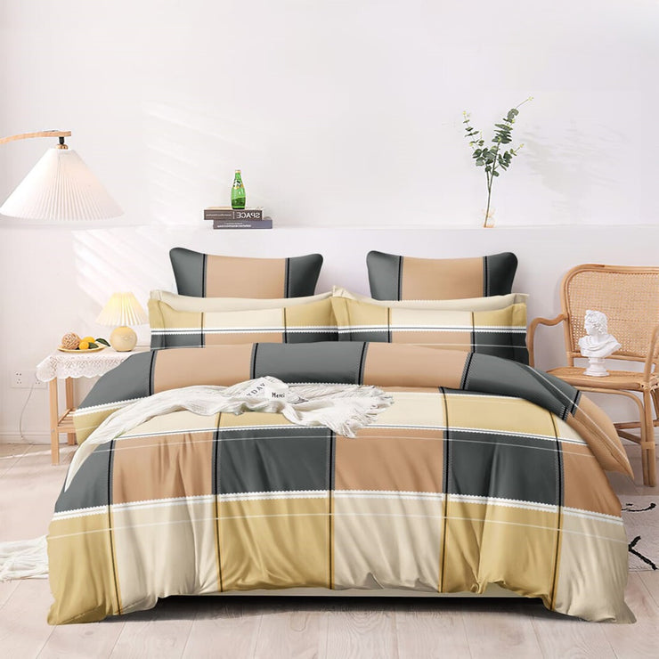 Brown Checkered Cotton Blend Elastic Fitted King Bedsheet