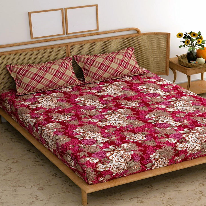 Red & Beige Floral Elastic Fitted Cotton Blend King Bedsheet