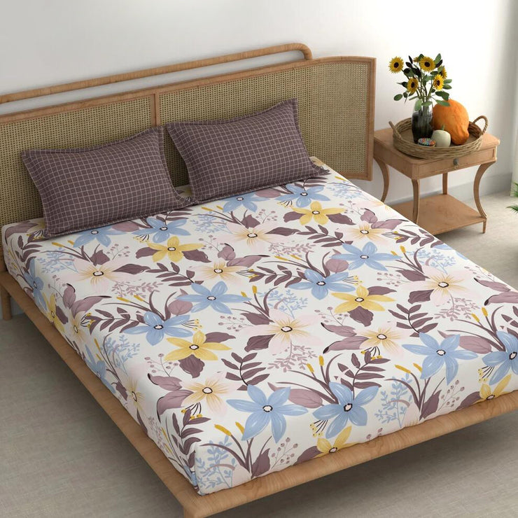 Chocolaty Leaves Cotton Blend Elastic Fitted King Bedsheet