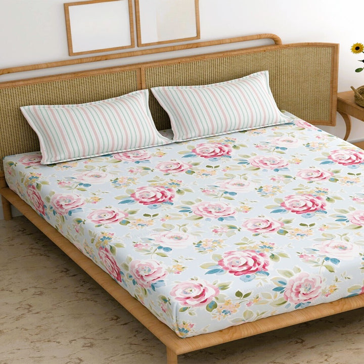 Blue Camellia Cotton Blend Elastic Fitted King Bedsheet