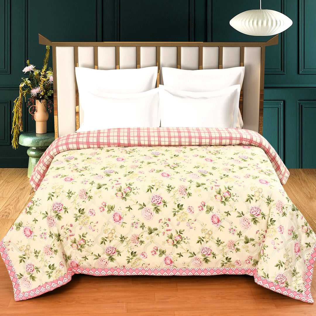 Beige Pink Rose Cotton Blend Elastic Fitted King Bedding Set