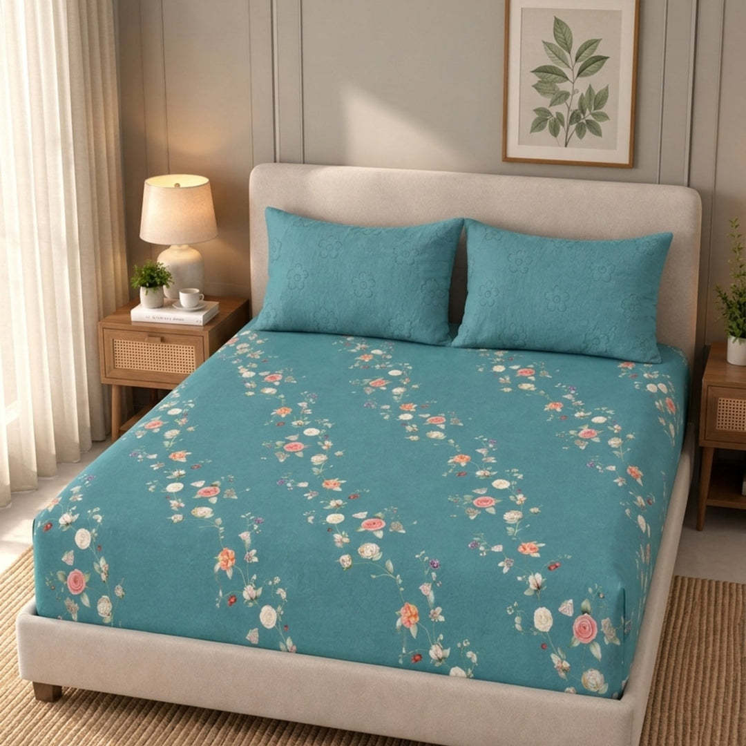 Teal Gardenia Cotton Blend Super King Bedsheet with 2 Pillow Covers (108x108 inches)