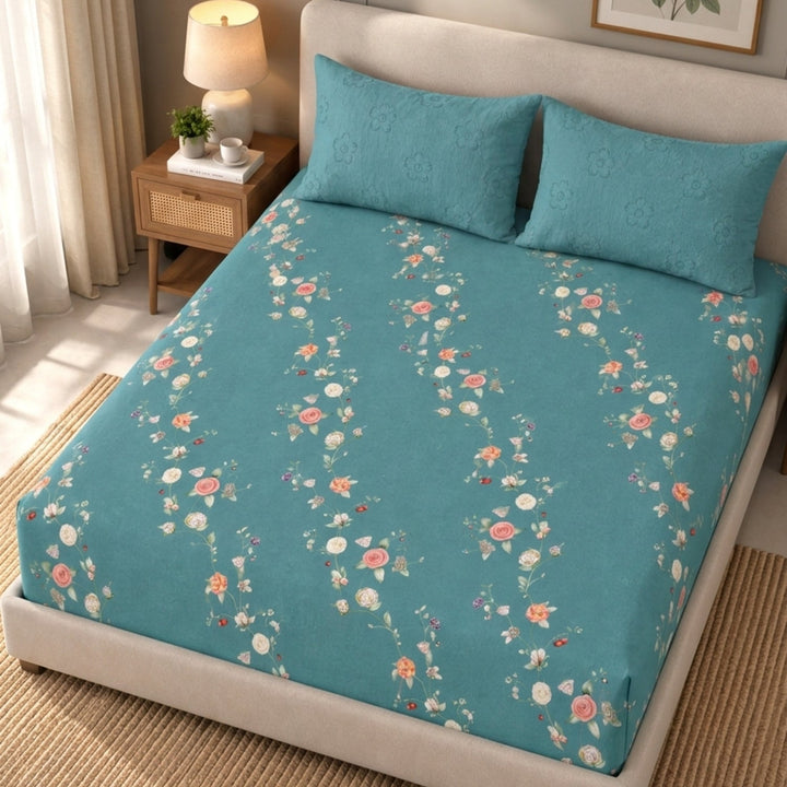Teal Gardenia Cotton Blend Super King Bedsheet with 2 Pillow Covers (108x108 inches)