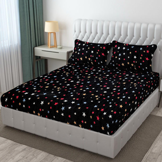 Black Multi Star Warm Winter Flannel Fitted King Bedsheet