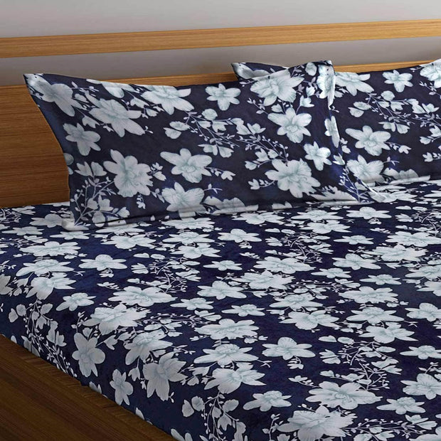 Blue Floral Printed Warm Winter Flannel Fitted King Bedsheet