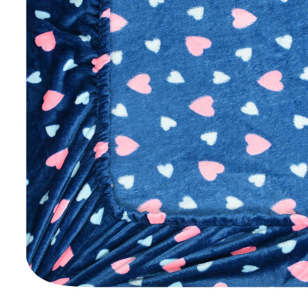 Blue Heart Printed Warm Winter Flannel Fitted King Bedsheet